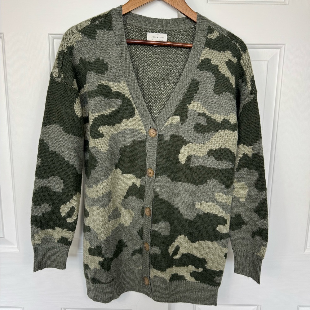 NWT Lucky Brand Green Camo Cardigan Wool Blend Sweater‎ Women’s Medium
